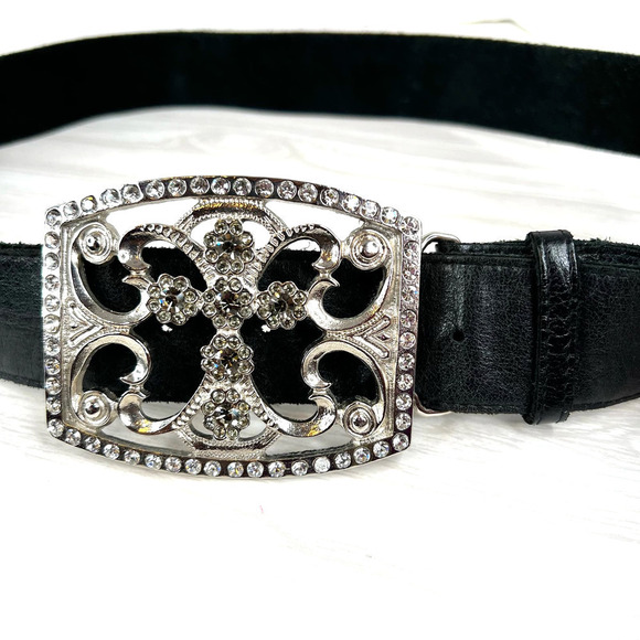 Bebe Cross Buckle Black Leather Belt Rhinestone Studded Women's Size S/M - Picture 7 of 14